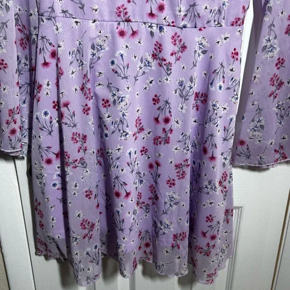 Double Crazy Purple Floral Dress Size Large Boho Bell Sleeve Empire Waist Flowy - Picture 12 of 15